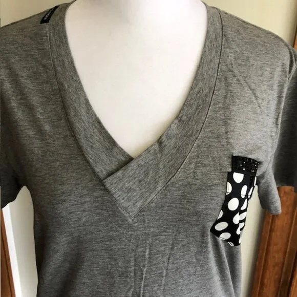 DOLCE & GABBANA V Neck Stud Polka Dot Pocket Gray Cotton Short Sleeve Te… - Picture 6 of 17